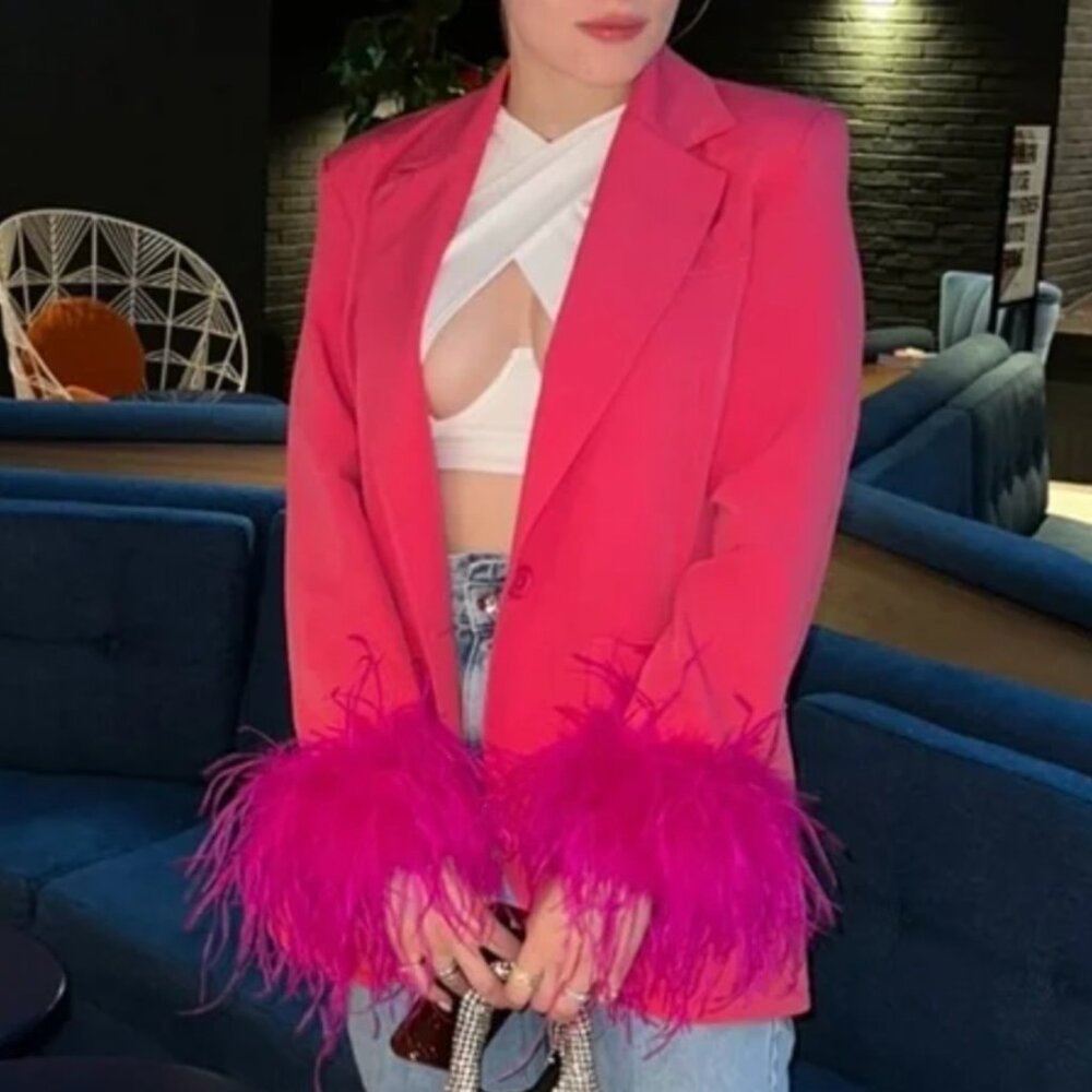 CUSTOM Hot Pink Feather Trim Cuff Blazer